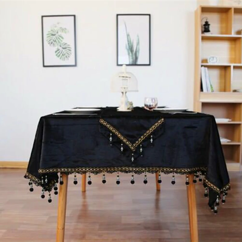 

Modern European Luxury Solid Black Round Rectangular Tablecloth Tassels Dining Table Tea Table Cover Party Wedding Decoration