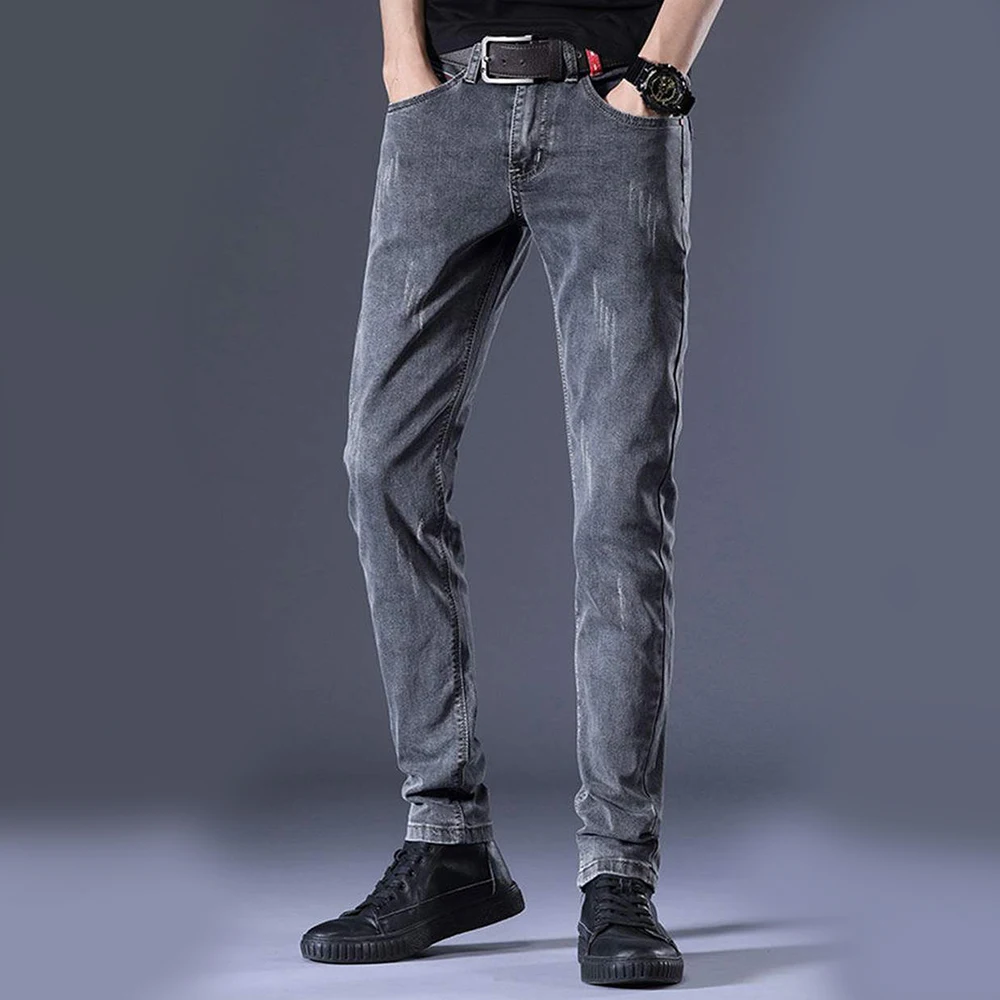 

FAKUNTN Wash Grey Distressed Snow Men Jeans Elastic Casual Slim Soft Denim Pencil Pants Blue Black Skinny Jogger Student Trouser