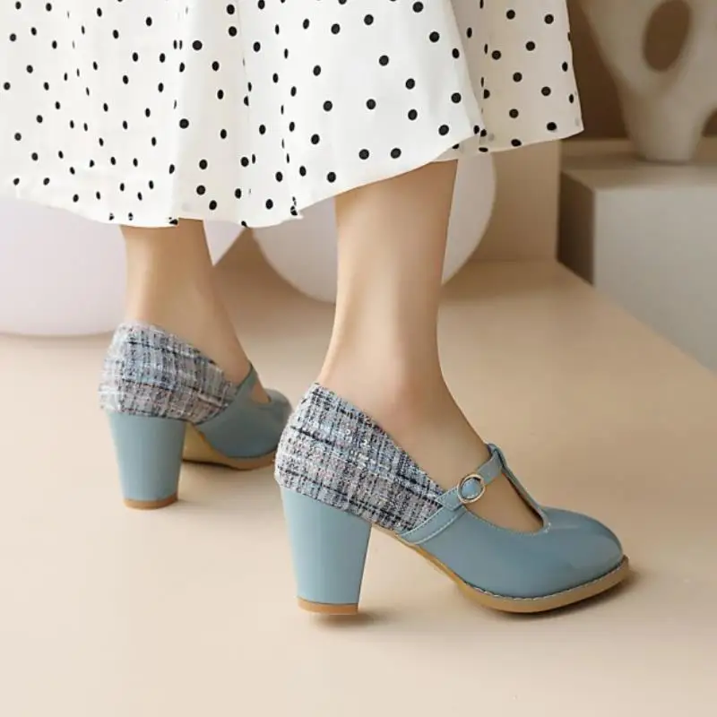 

RIZABINA Size 32-43 Women Pumps For Women Round Toe Thick Heels Buckle Strap Mixed Color Sweet Candy Color Daily Footwear