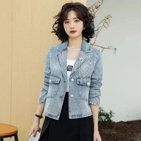 retro denim jackets womens short 2021 autumn spring korean fashion ins tide flap pocket cardigan suit collar jacket female 496