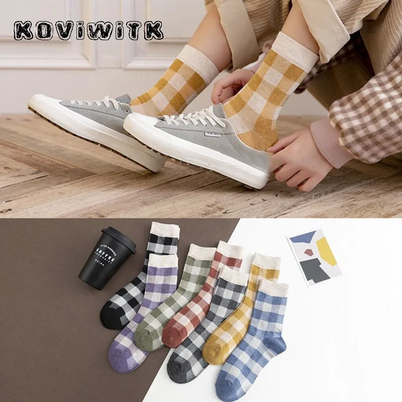 

Women Geometric plaid Short Socks Autumn Square Striped Black Cotton lattice Sock Fashion Female warm Casual harajuku sports sox