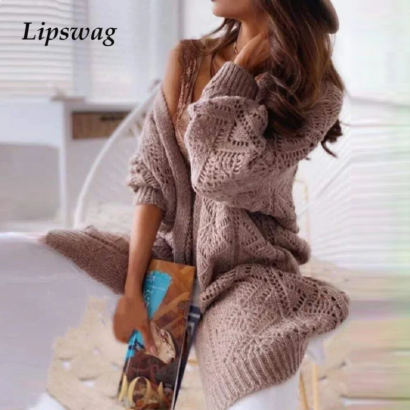 

Повседневный Женский вязаный кардиган с длинным рукавом, свитер, Осеннее теплое Свободное пальто, свитер 2021, Женская Офисная ажурная верхня...