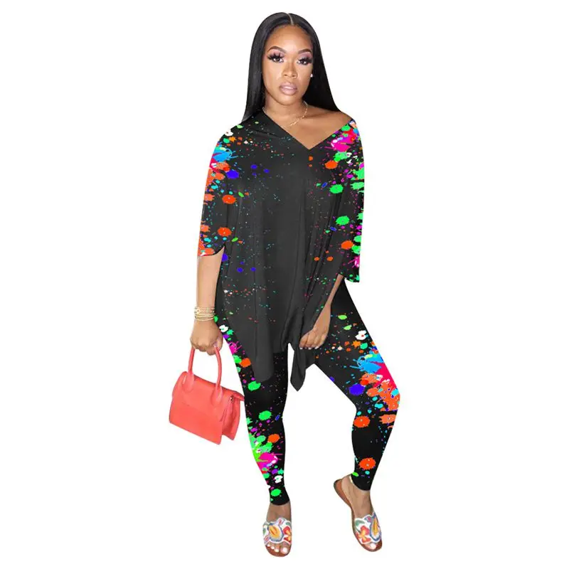 

ZKYZWX Tie Dye 2 Piece Set Women Fall Tracksuit Side Split Plus Size Loose Top Bodycon Pant Matching Sets Lounge Wear Outfits