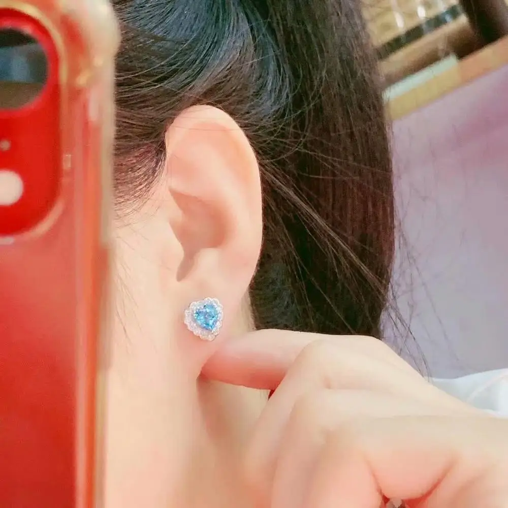 

shilovem 925 silver sterling natural Blue topaz Stud Earrings trendy fine Jewelry new wholesale women gift 6*6mm de0606991agb