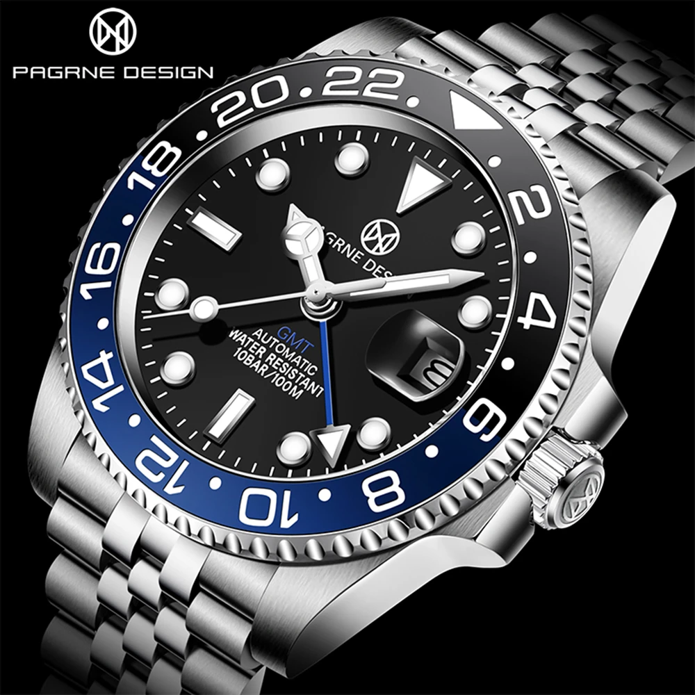 

PAGRNE DESIGN Men's Mechanical Watch 44MM Ceramic GMT100M Waterproof Automatic Watch Sapphire Glass Stainless Steel Men's Watch