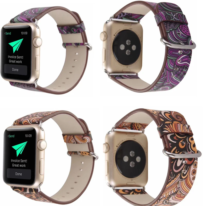 Национальный кожаный ремешок с цветочным принтом для Apple Watch браслет iwatch 5 4 3 2 1 42