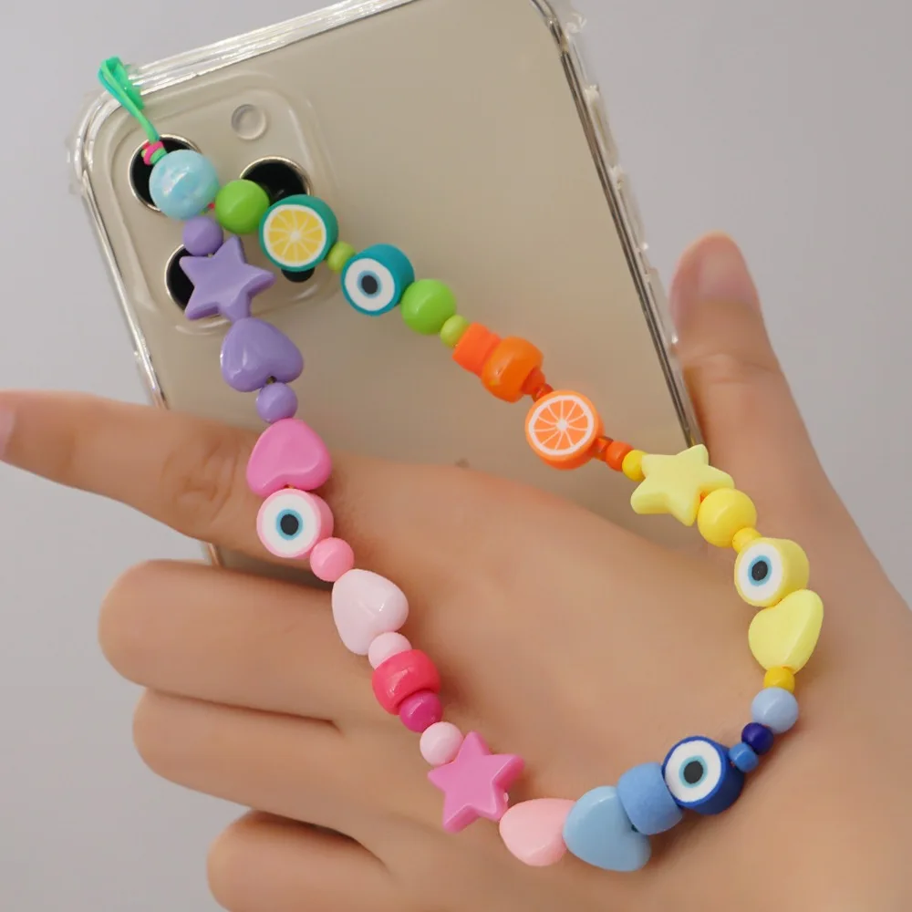 

Mixed Color Heart Star Beads Mobile Phone Lanyard Eye Cell Phone Chain Bracelet Keychain Charm Cord Women Accessories 2021