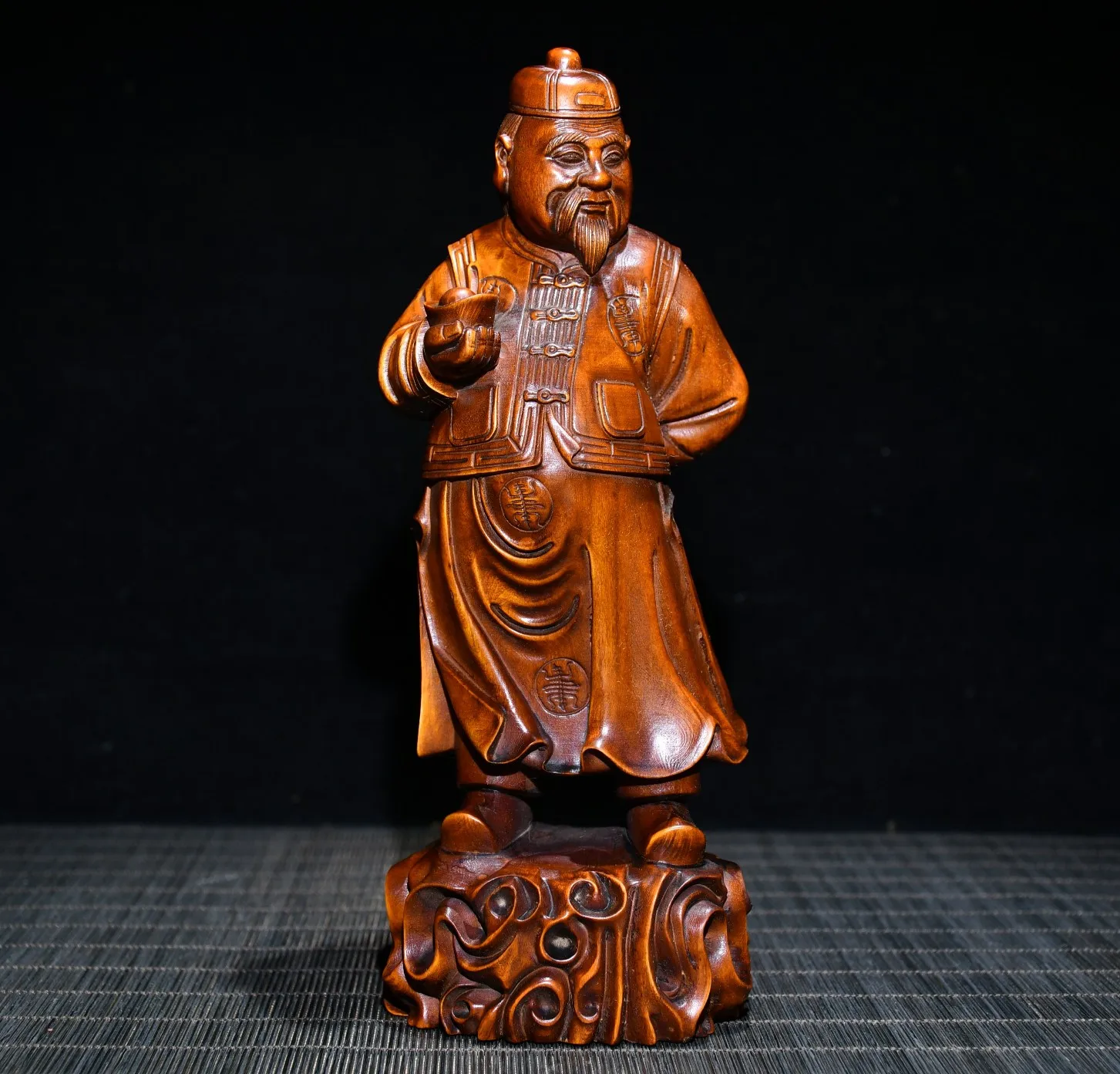 

8"China Lucky Old Boxwood Gilt Hand-carved Statue of the rich man Landlord Rich man represent Office Ornaments Town House