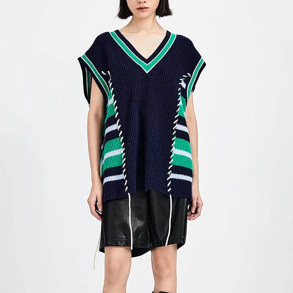 

Женская Осенняя вязаная жилетка контрастных цветов, модная повседневная короткая женская шикарная блузка без рукавов с V-образным вырезом, ...