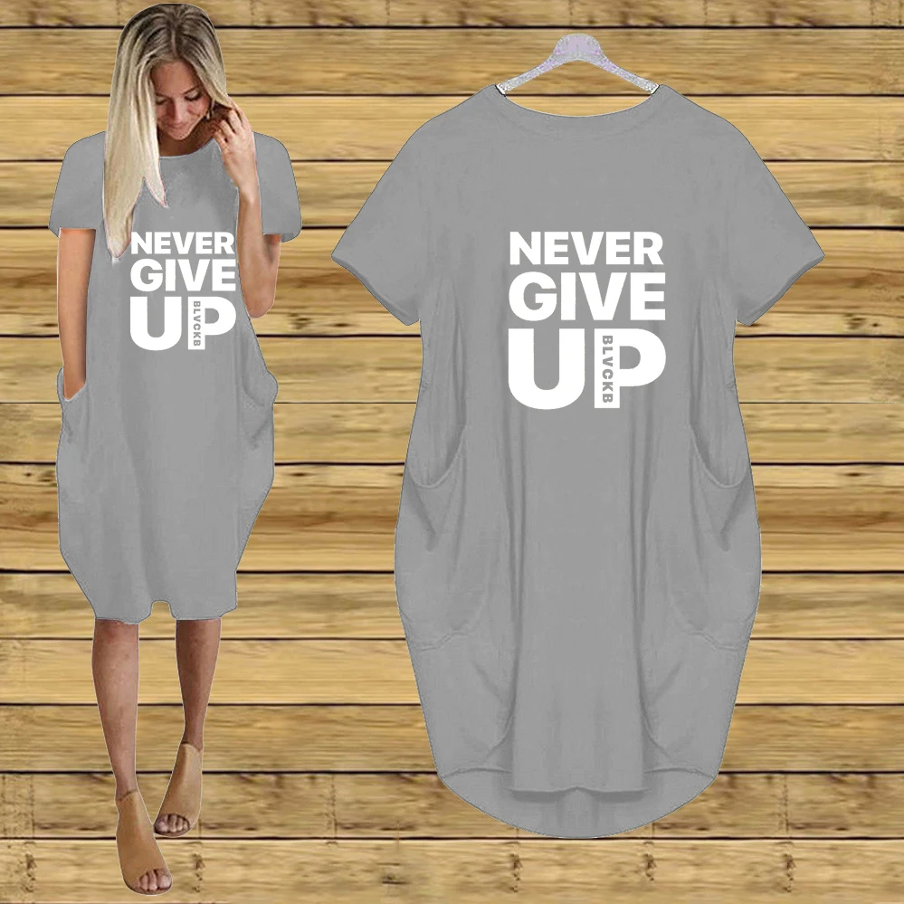 

Never Printed Short-Sleeved Dresses Women's Letters Dress Casual Loose O Neck Robes Femme Cotton Pocket Vestidos Ladies Outfits