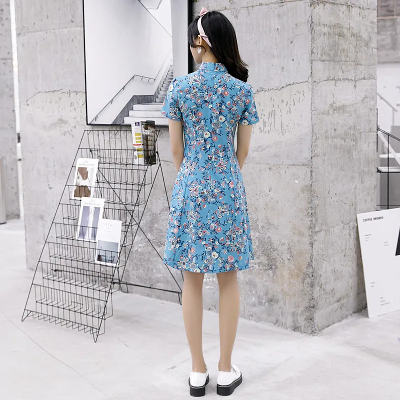 

Yellow Vintage Print Flower Women Satin Cheongsam Chinese Traditional Classic Mandarin Collar Qipao Sexy Loose Short Vestidos