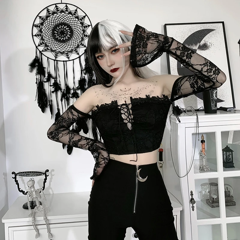 

Vintage T-Shirts Gothic Crop Top Sexy Off Shoulder Lace Up T Shirt Women Backless See Through Long Sleeve Corset Tops