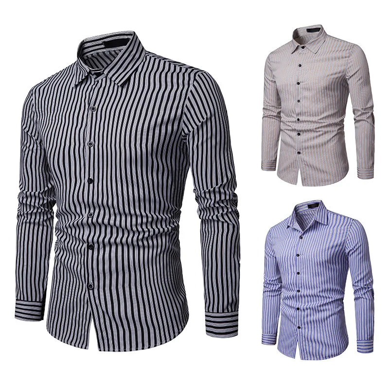 

2021 new long-sleeved shirt double collar casual shirt European version men's business spring and autumn striped casual long-sle