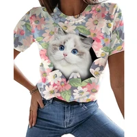 summer fashion womens t shirt digital 3d printing short sleeve t shirt cute cat round neck top loose and comfortable