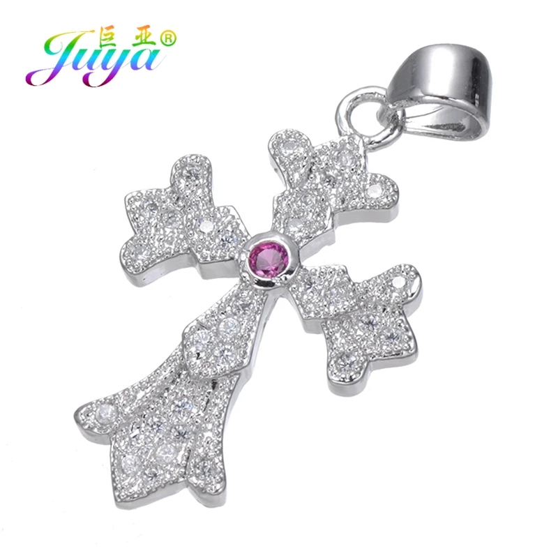 White Gold Juya Micro Pave Циркон Религиозная Христианская подвеска в форме Креста для ручной работы Иисуса христианского браслеты Изготовление ювелирных ожерелий - Окраска металла: White Gold