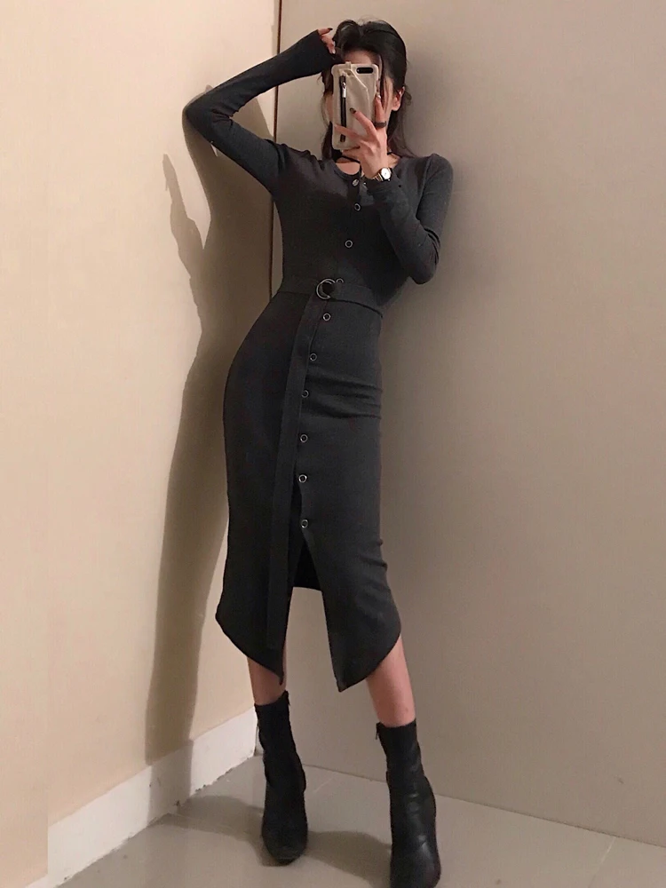 2020 весеннее женское трикотажное платье с поясом и длинным рукавом облегающее