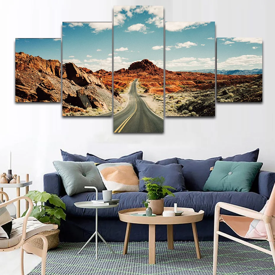 5 Pieces Pictures HD Print Canvas Paintings Road Under White &ampblue Sky Modern Art Murals Modular Wall Decor Living Room Chart | Дом и сад