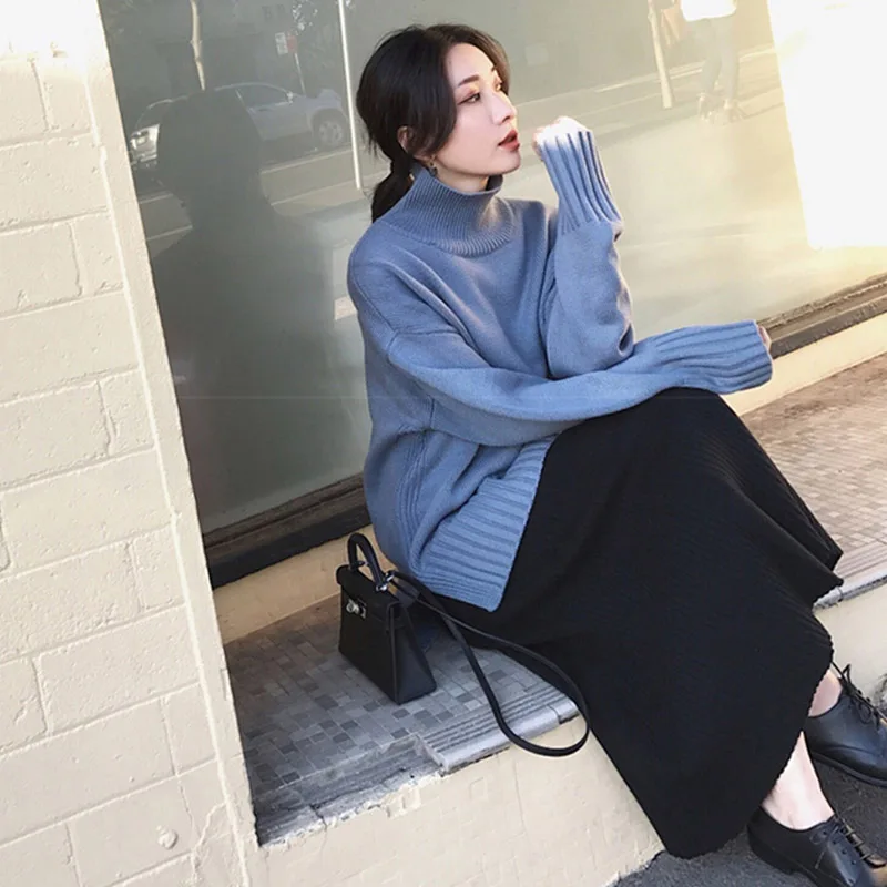 Black Skirt Зимние женские миди юбки корейские повседневные женские трапециевидные расклешенные с высокой талией однотонные трикотажные толстые длинные свитера юбки женские - Цвет: Black Skirt