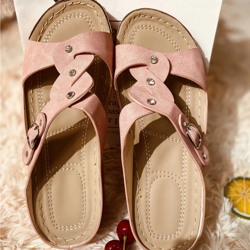 

New Design Women's Cross Braided Thick Bottom Vintage Slipper Anti-Slip Open Toe Wedge Heel Breathable Rhinestones Slippers
