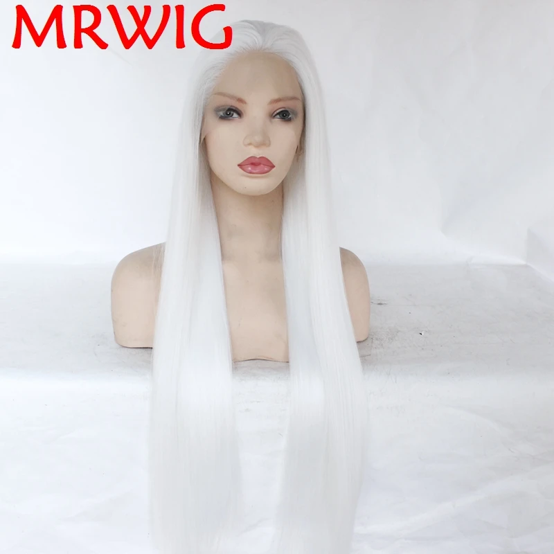 MRWIG бесклеевая синтетическая передняя часть парики свободная белый цвет длинная