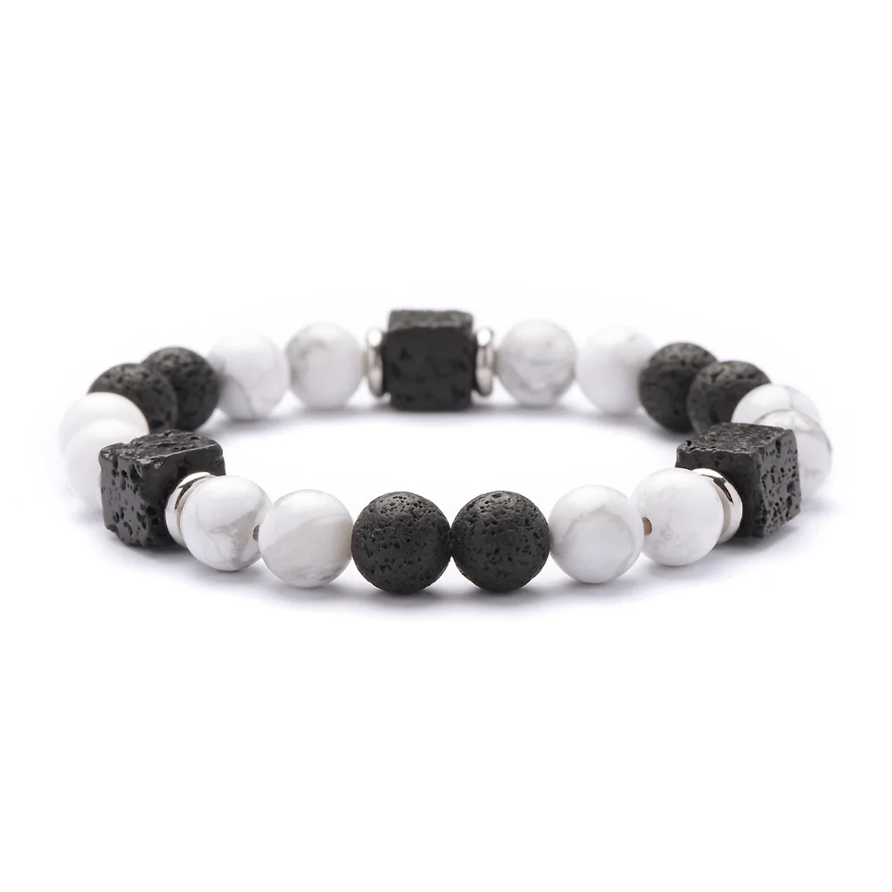 

Men Natural Rock Stone Bracelet Energy Hematite Cylinder Black White Lava 8mm Beads Bracelets For Women Strand Jewelry Gifts