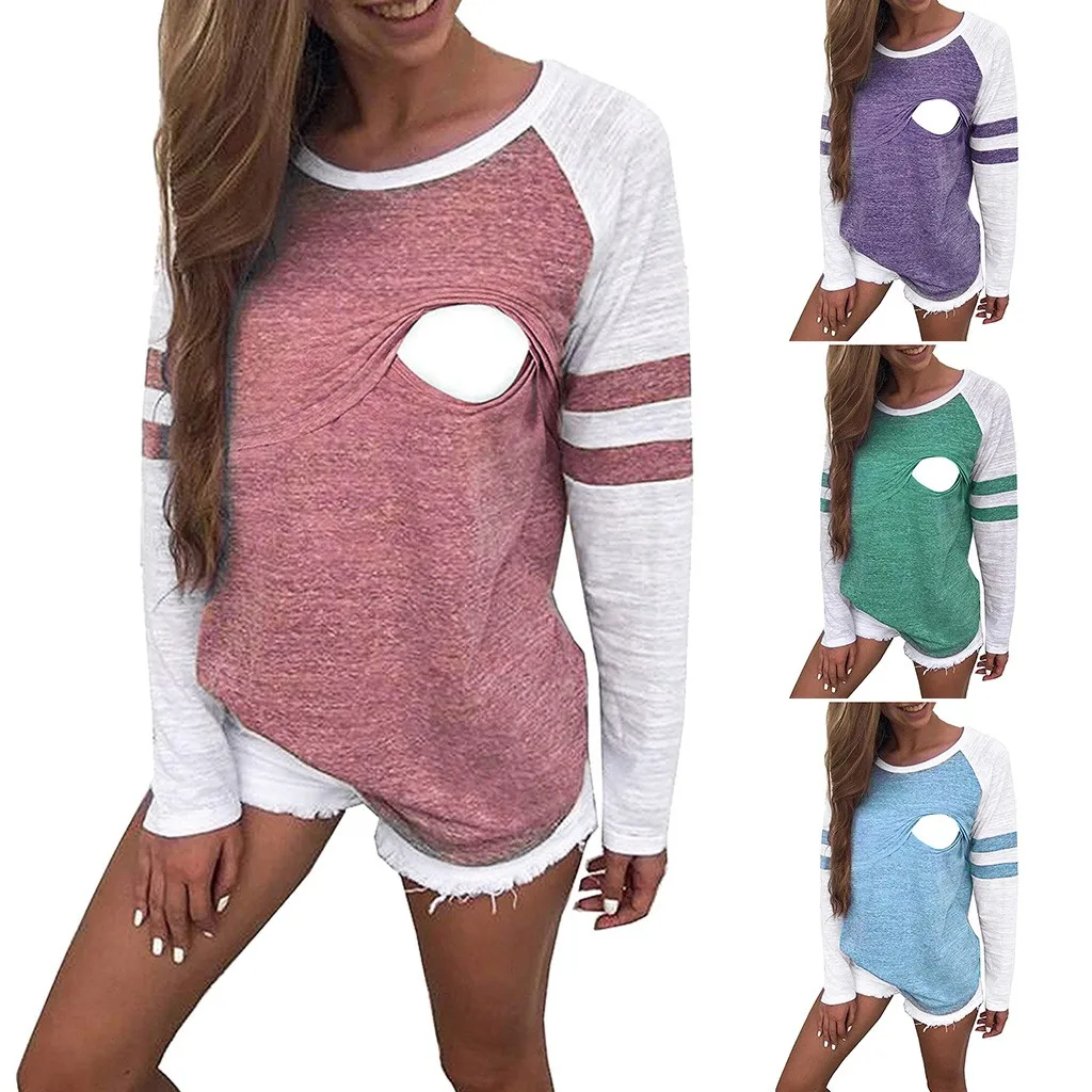 SAGACE Nursing Top Long Sleeve Maternity Striped Brestfeeding Blouse Top Nursing Tops Casual Ladies Maternity Clothes Pregnancy
