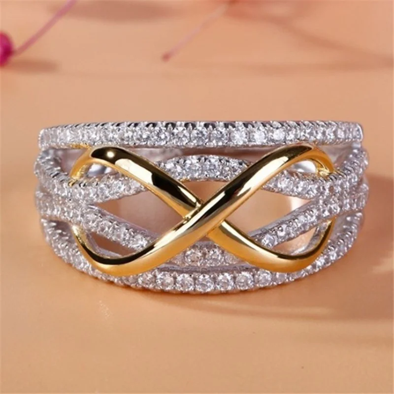 

Fashion Female Two-tone 8-Shaped Cross Ring Diamond White Zircon Casual Engagement Wedding Love Ring Jewelry