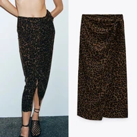 traf za 2021 leopard print long skirt women high waist woman skirts ruched vintage knot split skirts midi fashion summer skirt