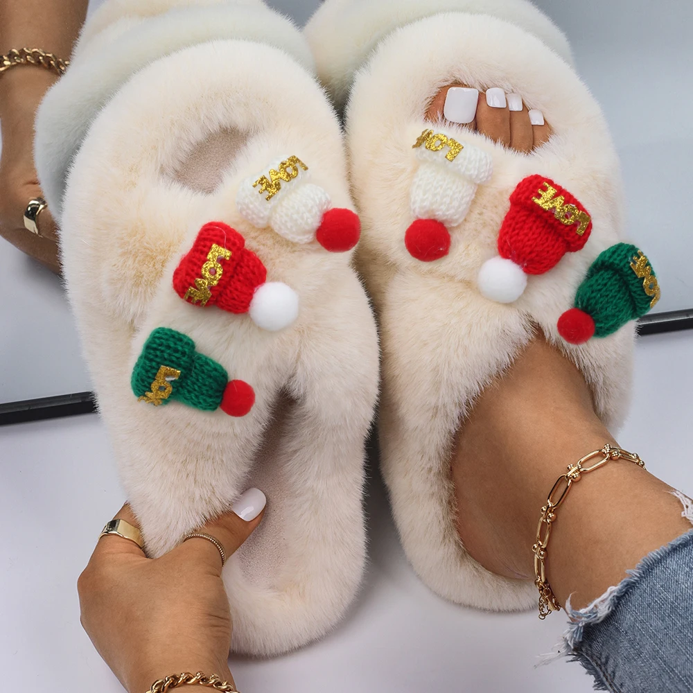 Furry Slippers Women Christmas woolen hat Decor Faux Fur Slides Ladies Flip Flops Designer Fur Sandals Bedroom Slippers Shoes