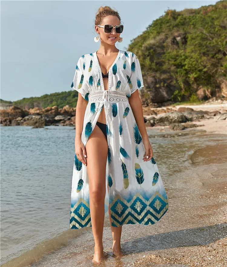 

Boho Leaves Leopard High Waist Beach Dress Saida De Praia Kimono Pareos De Playa Mujer Bikini Cover Up Swimsuit Cover Up