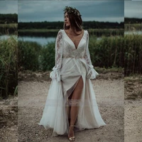 deep v neck boho lace wedding dresses backless robe de mariee for women poet sleeves high slit bridal gowns sashes a line long