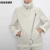 winter coat slim sashes pu faux leather jacket coat women solid zipper casual thick warm wool lamb jackets outwear female tops
