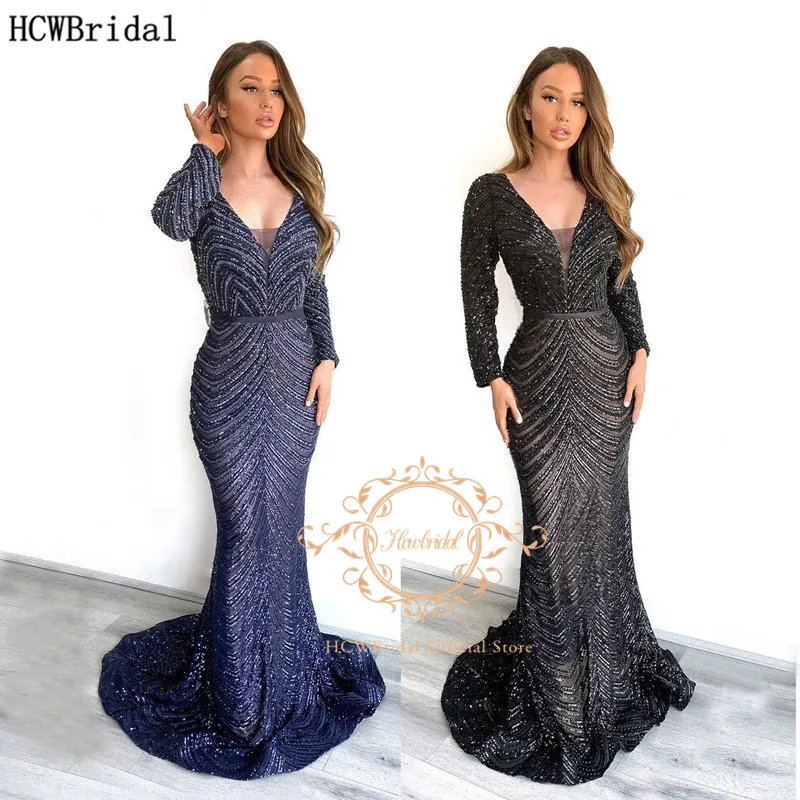 

Elegant Mermaid Long Sleeve Black Evening Dress Sparkly Sequin V Neck Women Formal Dresses Plus Size Wedding Party Prom Gowns