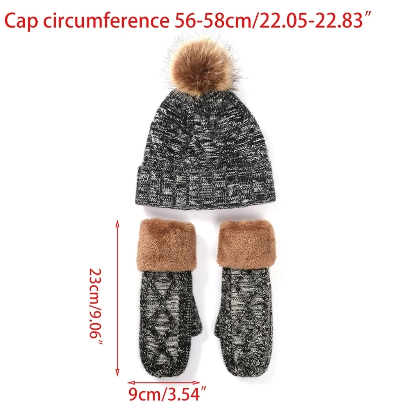 

2Pcs Women Winter Cable Knit Beanie Hat with Full Finger Gloves Mittens Set Thicken Thermal Plush Lined Pompom Skull Cap