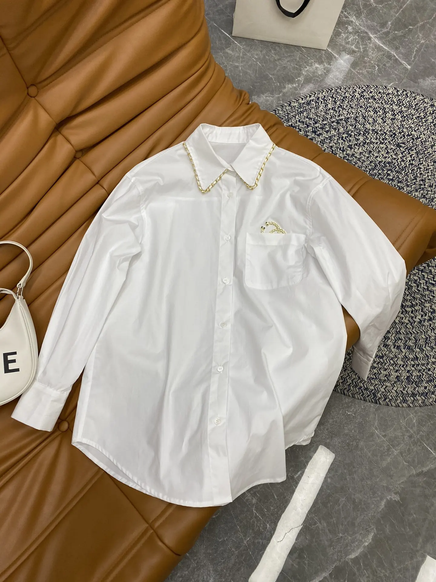 

100% cotton blouse, black white shirt "women coat white blouse women2021 chain decoration