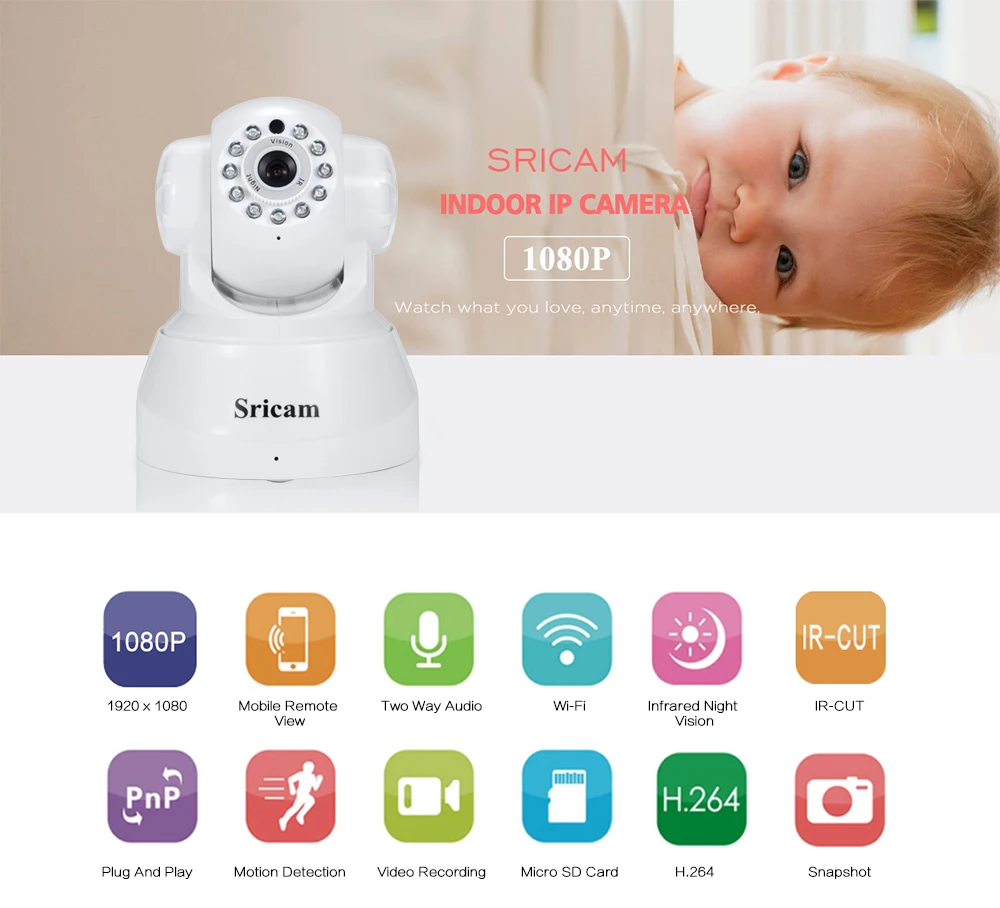 Sricam SP012 Smart 1080P Беспроводная IP камера IR ночная версия двухсторонняя аудио WiFi камера для внутреннего наблюдения детский монитор
