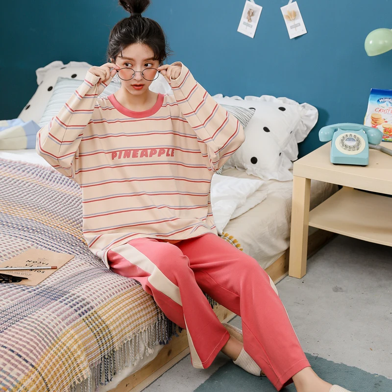 

Sweet Cute Pyjamas Women Suits Cotton Casual Loose Women Pajama Set Spring Autumn Fashion Long Sleeve Sleepwear Home Wear Y1001