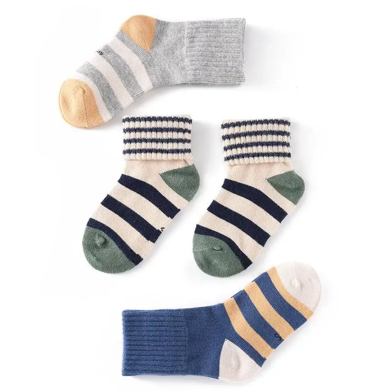 Kids Solid Striped Cotton Thick Crew Socks Folded Cuff Children Grey Knee-high Socks Ankle Socks Warm Winter Socks 5 Pairs/lot