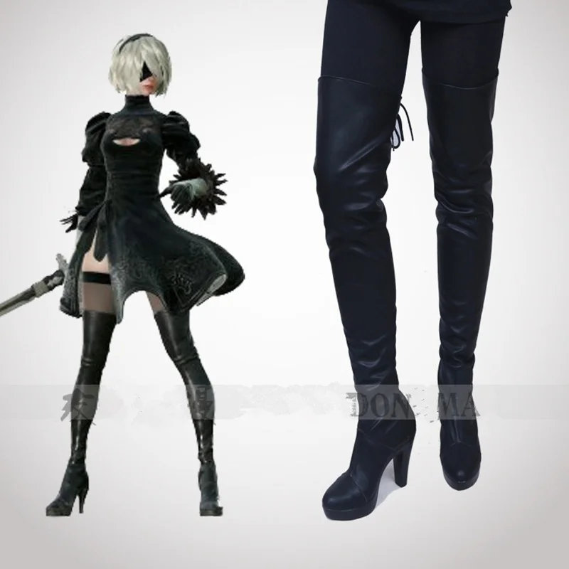 Обувь для косплея NieR Automata 2B YoRHa NO.2 Тип B черные кожаные сапоги выше колена с