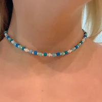 blue multicolor glass bead choker necklace glass bead choker glass beaded necklace trendy jewelry seed bead choker