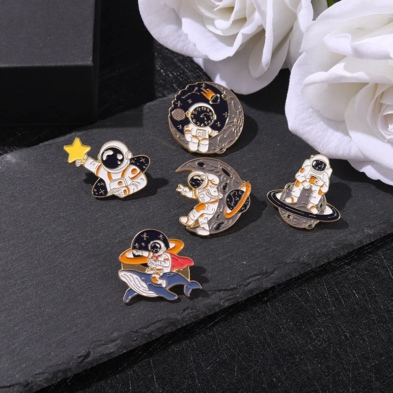 

Simple Astronaut Enamel Pins Planet Rocket Whale Star Moon Galaxy Coffee Metal Brooches Badges Pins up Gift for Space Lover