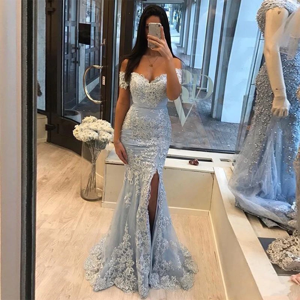 

Hot Sale Sexy Light Sky Blue Prom Dresses Off Shoulder Lace Appliques Beaded Sashes Side Split Open Back Formal Party Gowns