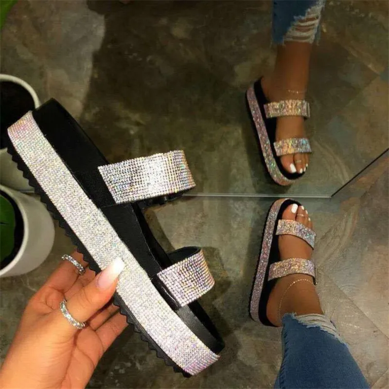 

Summer fashion women double-layer rhinestone buckle sandals outside wild beach slippers ladies leisure home travel flip flop