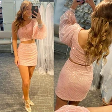 Sequin One Shoulder Pink Ladies Tight Dress Graduate Glitter Party Club Short Evening Dress Vestido فساتين السهرة robe soirée (4)