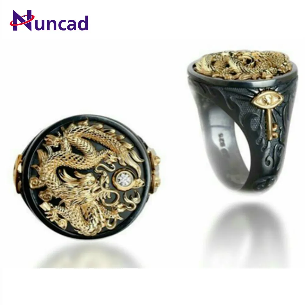 Новинка мужские кольца в стиле панк китайский дракон золотые черные цвета циркон