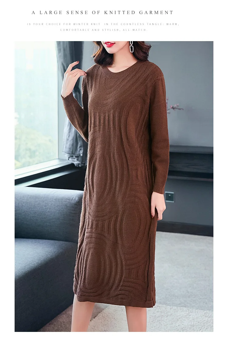 

Winter Elegant O-Neck Autumn Split Dress Women Knitted Sweater Dress Long Sleeve loose Dress