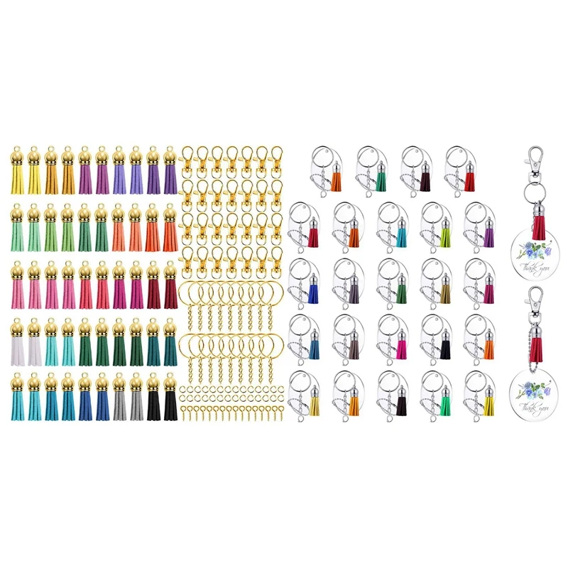 

Брелок для ключей с кисточками, прозрачный акриловый диск 144 шт., набор брелоков с кисточками и 50 шт. кисточек с золотой крышкой, 350 шт.