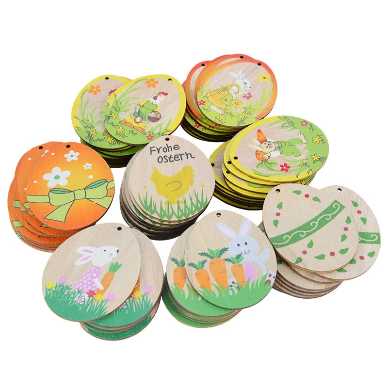 

10pcs Easter Wooden Chips Ornaments Natural Wooden Egg Cute Bunny Single-sided Painted Hanging Pendant Happy Easter Party Supply