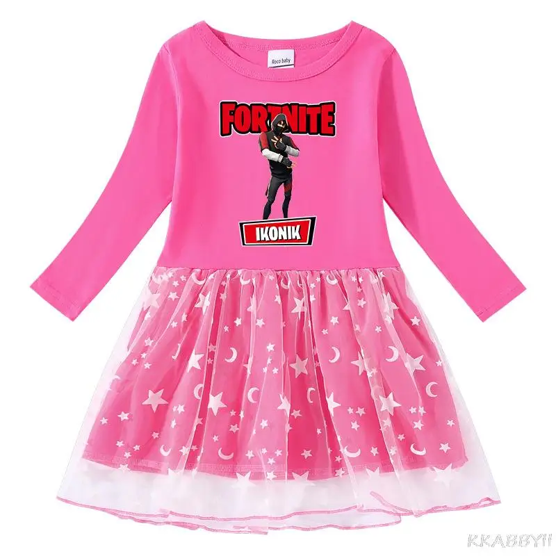 Новинка весна-осень платье для девочек Fortnites хлопковое с мультяшным рисунком