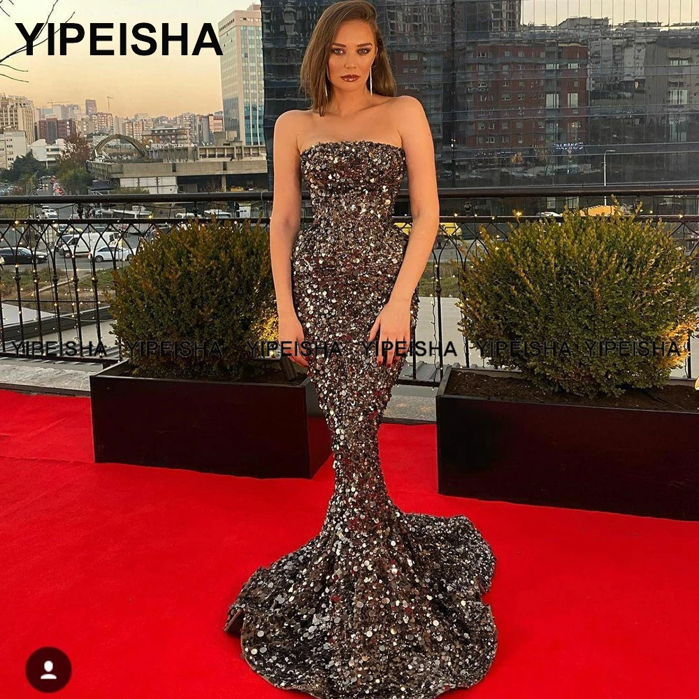 Yipeisha – robe longue de bal à paillettes, sans bretelles, tenue de spectacle, sirène, Sexy, grande taille  (0)